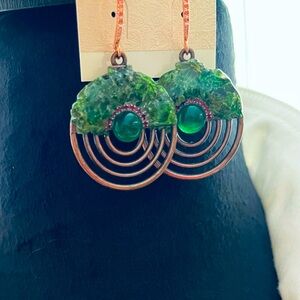 Antique Bronze Green Stones Round Earrings